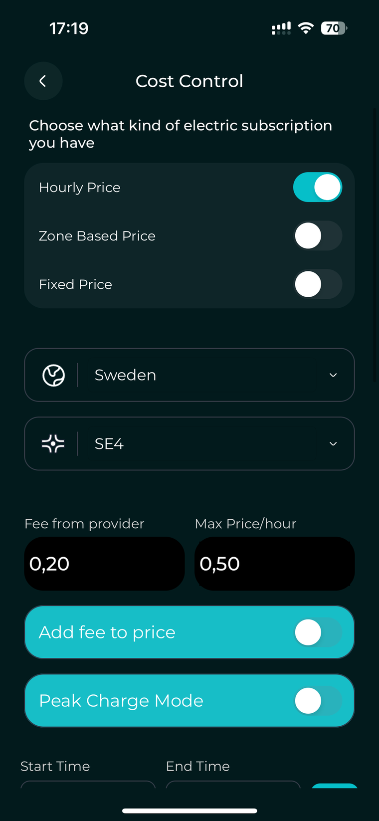 Cost Control settings, electricity price mode