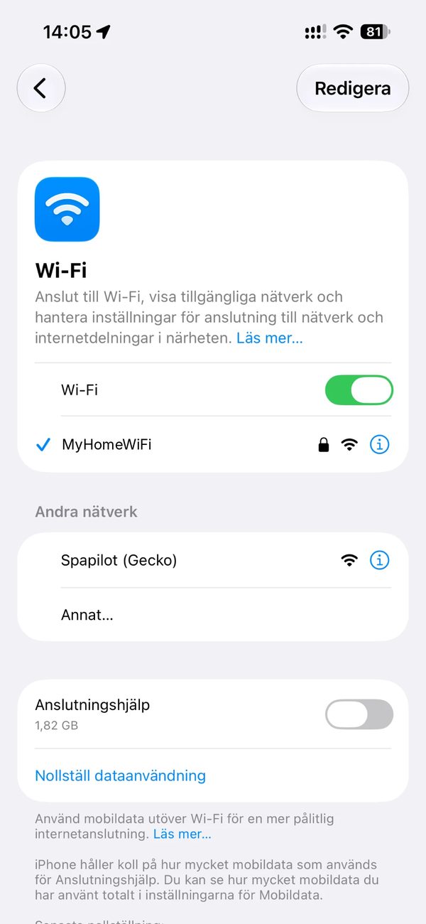 Wi-Fi settings with the Spapilot (Gecko) network in the list