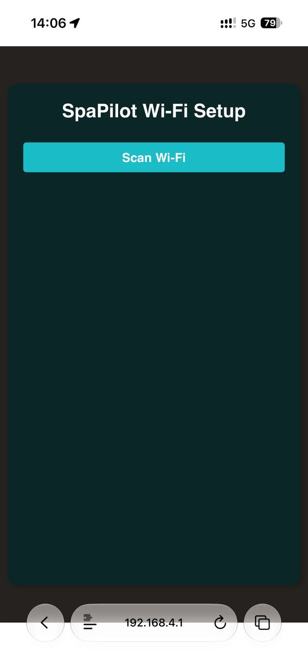 The SpaPilot Wi-Fi Setup page at 192.168.4.1 with the Scan Wi-Fi button