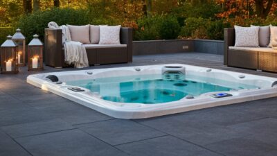 Luxurious outdoor spa with clean water, surrounded by modern tiled flooring, and comfortable patio seating, highlighting automatic water quality monitoring for spas and pools by E.W.A.