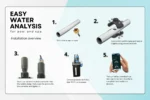 Infographic showing a step-by-step installation guide for Easy Water Analysis for pools and spas. Step 1: Drill a hole in a pipe or hose. Step 2: Position a saddle clamp and secure it with screws and nuts. Step 3: Insert and secure a probe-converter in the clamp, then place and tighten the probe into the converter. Step 4: Connect the probe to a Wi-Fi box, then connect the Wi-Fi box to power. Step 5: Use a mobile app to complete the installation process, as shown on a smartphone screen.