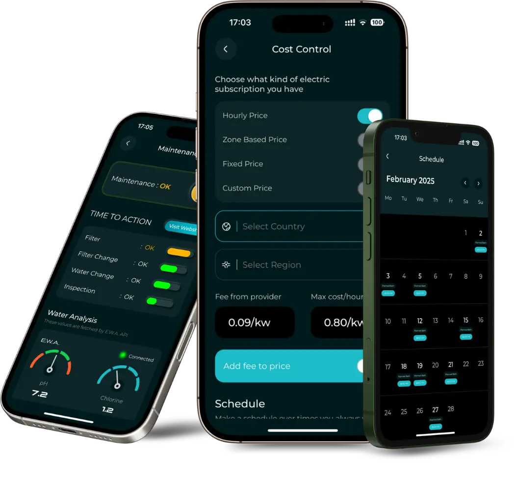 Spapilot smart spa controller app showing cost control, maintenance, and scheduling interfaces