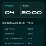 Interface numérique de planification de spa, affichant l'heure programmée pour le bain avec des détails comme le jour, l'heure de début et de fin, la température initiale et cible, soulignant la gestion écologique du spa avec SpaPilot.