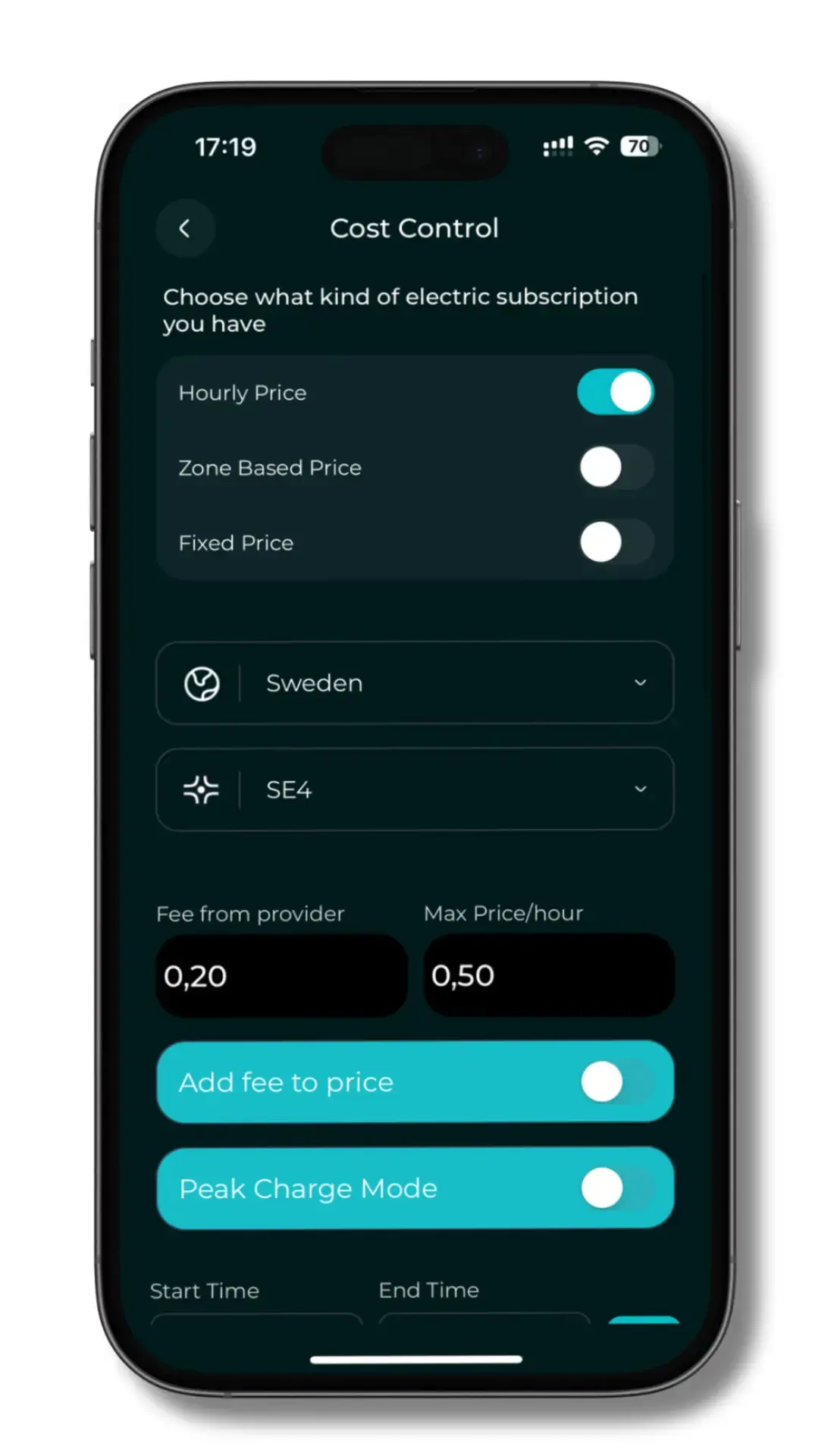 Interface mobile affichant le contrôle des coûts électriques pour SpaPilot, avec des options de tarification horaire, zonale et fixe, et des paramètres pour la Suède et SE4.