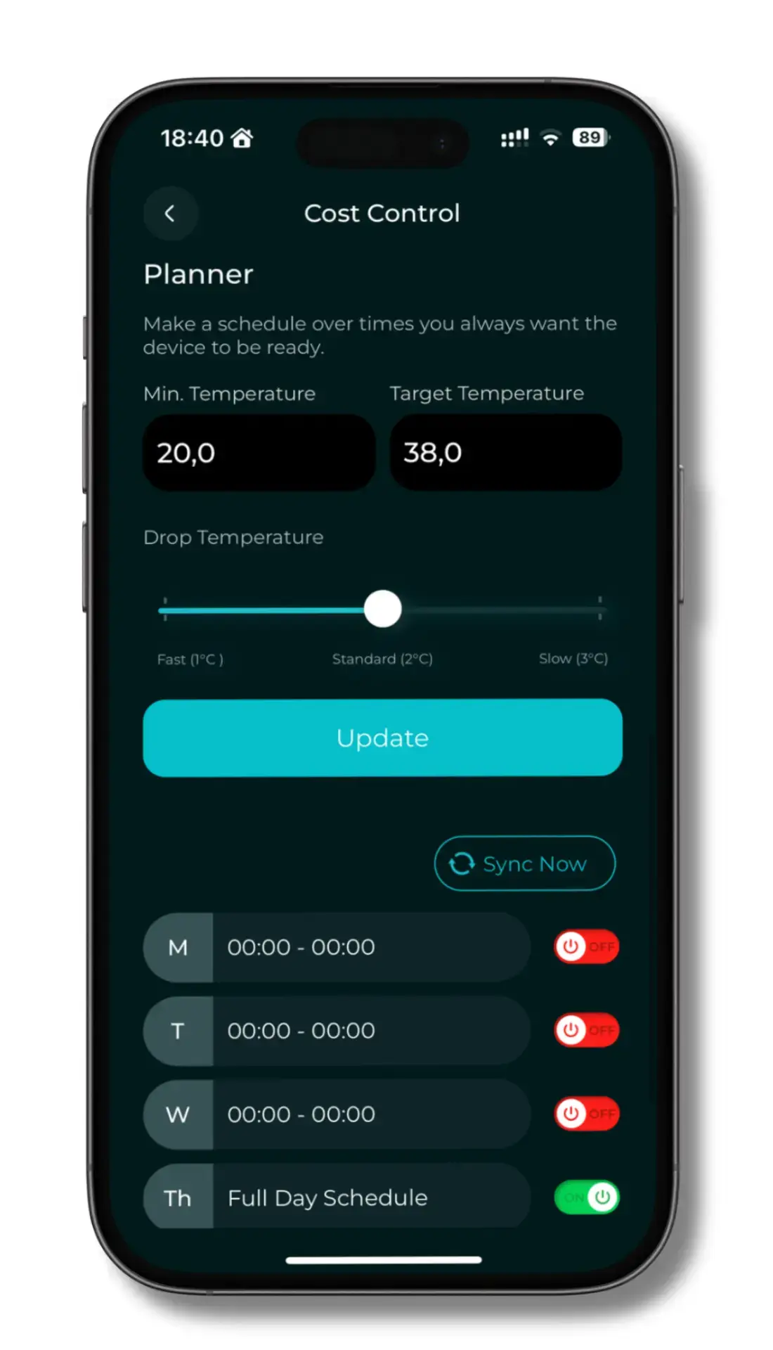 Application mobile SpaPilot pour la gestion écologique des spas, affichant l'écran de planification de température. L'écran montre les paramètres de contrôle des coûts avec une température minimale de 20°C et une cible de 38°C, un curseur pour ajuster la baisse de température et un calendrier hebdomadaire d'activation/désactivation.