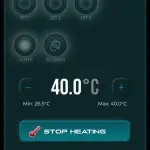 Interface numérique de gestion écologique du spa SpaPilot affichant une température de 40.0°C avec options de réglage et bouton pour arrêter le chauffage, en lien avec la planification et surveillance écologique.