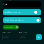 Capture d'écran de l'application SpaPilot montrant des options de gestion des frais et du mode de charge de pointe avec des réglages d'heure de début et de fin.