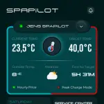 Affichage de l'interface SpaPilot montrant la gestion écologique avec une température actuelle de 23,5°C et une température cible de 40,0°C, incluant des informations sur la météo, le prix horaire et le mode de charge de pointe.