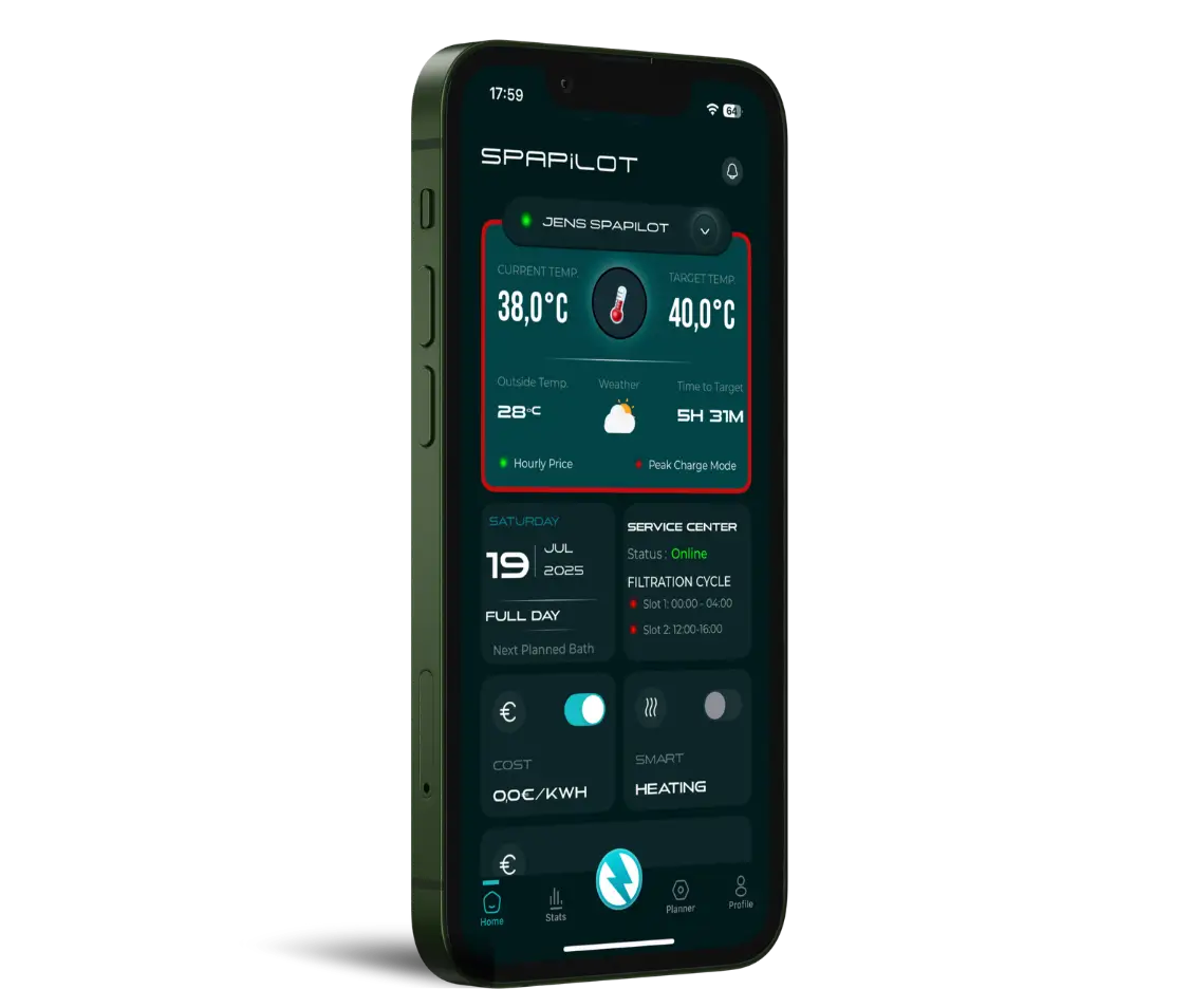 Application SpaPilot sur smartphone affichant la gestion écologique pour un spa avec température actuelle de 38°C et cible de 40°C, météo, heure, et options de planification.